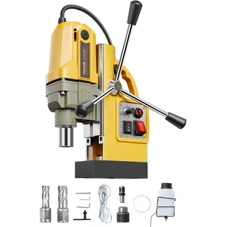 Vevor Magnetbohrmaschine, 1200-W-Motor, magnetisch, elektrisch, 12500 N, Bohrdurchmesser von 40 mm, mit 2 Bohrspitzen, variable Geschwindigkeit, für Metalloberflächen, Gelb