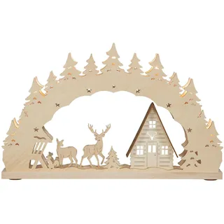 Lichterbogen Waldhaus und Hirsch el. Beleuchtung natur BxHxT 52x32x4,5cm NEU