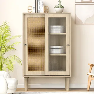 MODFU Kommode Sideboard(100 cm hohes) mit Kunststoff-Rattantüren und Schiebetüren aus Glas, Schrank Buffet mit 6 Fächern hinter den Türen für Wohnzimmer, Schlafzimmer, Kinderzimmer, Jugendzimmer und Büro, Natur - Beige