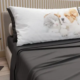 PETTI Artigiani Italiani - Bettwäsche Tiere mit Katzen und Hunden aus Baumwolle mit Kissenbezügen im Digitaldruck, Bettwäsche für Einzelbett, dunkelgrau, 100% Made in Italy