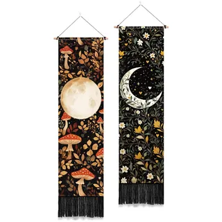 PLIGREAT 2er Set Boho Wandteppich mit Quasten Mond Pilz 130x33cm | Vertikaler Wandbehang im böhmischen Stil, Ästhetische Blumen-Tapisserie mit Quasten für Schlafzimmer, Wohnzimmer & Wohnheim