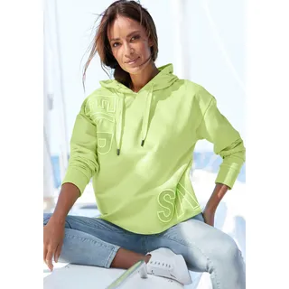 Kapuzensweatshirt ELBSAND "Elgin", Damen, Gr. M (38), grün (limone), angeraute Sweatware, Obermaterial: 95% Baumwolle, 5% Elasthan, unifarben, figurumspielend hüftlang, breiter Bund, Sweatshirts Kapuzensweatshirt, mit Logostickerei, lockerer Hoodie aus elastischer Baumwolle, Topseller