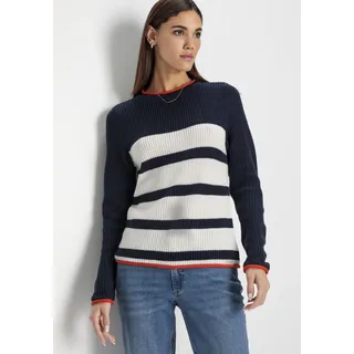 Streifenpullover HECHTER PARIS, Damen, Gr. 36/38, blau (navy sanftes weiß), Strick, Obermaterial: 50% Baumwolle, 50% Polyacryl, gestreift, figurumspielend hüftlang, Rundhals, Pullover Streifenpullover, mit Kontrastkante