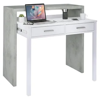 Konsolentisch Damodi, Schreibtisch mit ausziehbarer Platte, PC-Schreibtisch mit 2 Schubladen, 99x36h88 cm, Zement und Weiß - Grau