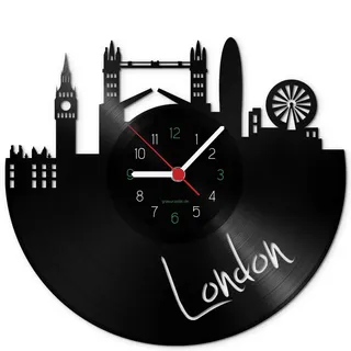 GRAVURZEILE Schallplattenuhr - Skyline London - Wanduhr aus gegossenem Vinyl mit Stadt Skyline 30 cm - Upcycling Design-Uhr Wand-Deko Vintage Wand-Dekoration Retro-Uhr - Made in Germany