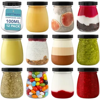 HEFTMAN Kleine Glasgläser mit Deckeln - 12er Set 100ml Leere Luftdichte Glas-Schnapsflaschen mit Deckeln Reisegröße Auslaufsichere Puddingtöpfe, Joghurttöpfe, Mini-Honiggläser, Kleine Marmeladengläser