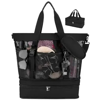 Dreamtop 2-in-1 schwarz Große Strandtasche xxl familie mit Reißverschluss Wasserdichter Kühltasche, Verstärkte Strandtasche 10 Taschen Tote Mesh für Pool Strand Reisen Camping verstellbare Crossbody