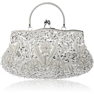 CORIOS Damen Handgemachte Perle Handtasche Floral Abendtasche Vintage Clutch Tasche Elegante Schultertasche Klein Tasche Kette Umhängetasche Hochzeit Bankett-Party Abschlussball Tasche Silber