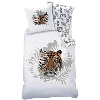 MTOnlinehandel Tiger Bettwäsche Set 135x200 · Kinderbettwäsche · Teenager-Bettwäsche · wild & Free, Safari & Blätter - Kissenbezug 80x80 + Bettbezug 135x200 cm - 100% Baumwolle