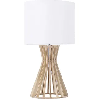 BELIANI Tischlampe Weiß Holz 37 cm runder Stoffschirm Lampenfuß in Gitteroptik Kabel mit Schalter Landhausstil - Braun, Weiß