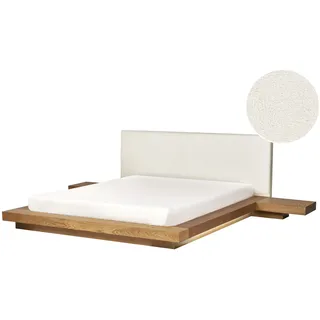 BELIANI LED-Bett Naturfarbene Esche Bouclé u. MDF-Platte Holzoptik Lattenrost 160x200cm Nachttische Hohes Kopfteil Japanischer Stil Plattform Futonbett - Braun, Weiß