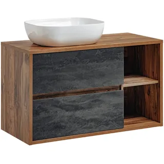 Vivaldi Badezimmer Set mit Wandregal, zwei Schubladen und weißem Aufsatzwaschbecken "Nero II", 100 cm, in Huton Eiche - Dunkelbeton - Beige, Braun, Bronze, Grau