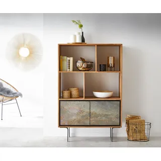 DELIFE Highboard Juwelo 88x135 cm Akazie Natur mit Steinfurnier - Naturbelassen, Bunt, Hellbraun, Braun