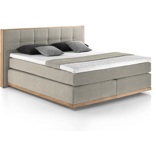 Mivano Levana Boxspringbett mit Sockel aus Eiche, 7-Zonen-Federkern, Matratzen H2 + Topper Basic, Chenille, Beige, Liegefläche 160 x 200 cm