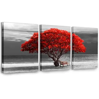 hyidecorart Leinwandbilder 30x40 cm 3er Set Wohnzimmer, Modern Rot Baum des Lebens Wandbilder Set mit Rahmen Schlafzimmer, Natur Schwarz und Weiß Kunstdruck Wanddeko Flur küche Büro Villa Badezimmer