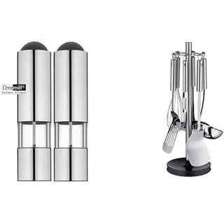 WMF Elektrische Mühle Set 2-teilig,21 cm & Profi Plus Küchenhelfer Set 7-teilig, Ständer mit 6 Helfern, Schöpflöffel, Schaumlöffel, Wokwender, Wender, Schneebesen, Gemüseschäler, spülmaschinengeeignet
