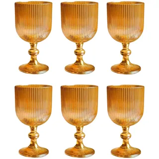 GMMH 6er-Set Geriffelte Trinkgläser und Weingläser, Line, Linie Geriffelt, Ribbed, Glas, Longdrinkgläser, Cocktail Gläser mit Prägung, Trinkglas, Weinglas, Wasserglas (Orange-Glanz Weinglas)
