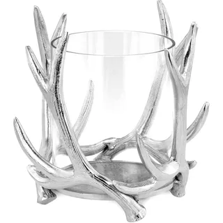 Glas Windlicht Ø 19 cm Aluminium poliert in Hirsch Geweih Form - Kerzenhalter mit offenem Glaszylinder - Kerzenständer für Stumpenkerzen/Teelichter - Windglas für innen & außen