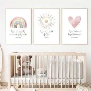 Boho-Kinderzimmer-Wandkunst, 3-teilig, Bibelvers für Kinderzimmer, Kunst, christliches Mädchen, Wandkunst, Herz, Regenbogen-Sonnenlicht, Kunstdruck, Boho-Sonnenschein-Dekoration für Mädchen, Baby,