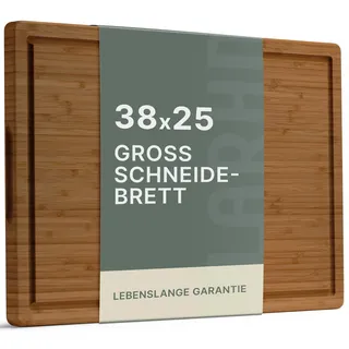 LARHN Bambus Schneidebrett Holz mit Griff & Saftrille - 38,5x25x2 cm | Massiv, vertikal verleimt, wendbar, vorgeölt, plastikfrei, zum Schneiden & Servieren: Fleisch, Gemüse, Brot, Käse & Wurst