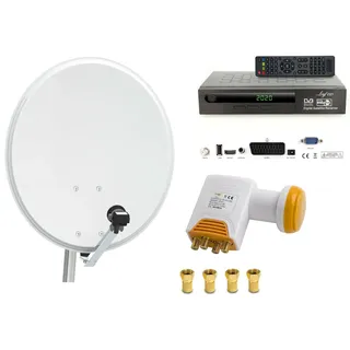 4 Teilnehmer Sat Anlage 60cm Stahl Satelliten Antenne Quad LNB Kabel Receiver HD