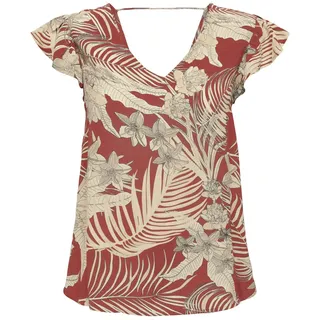 V-Shirt ONLY "ONLPALINA LIFE SS V-NECK TOP PTM", Damen, Gr. S (36), rot (baked apple aop:lovely palm), Single Jersey, Obermaterial: 100% Viskose, gemustert, regular fit, V-Ausschnitt, Shirts V-Shirt