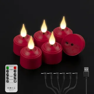 AiiBowy LED Teelichter Wiederaufladbar mit Fernbedienung [6 Stück] Elektrische Teelichter mit 6-in-1 DC Kabel, Flackernde Flammenlose Led Kerzen für Hochzeiten, Partys,Festivals (Rot)
