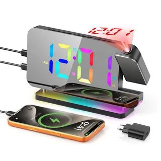 TAKRINK Projektionswecker mit USB-Anschluss Wecker Digital mit Projektion Dual-Alarm 12/24H Radiowecker LED-Anzeige 180° Projektor 4 Projektionshelligkeit projektion für Schlafzimmer(In Bunten Farben)