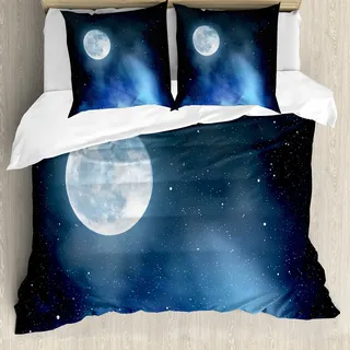 ABAKUHAUS Mond Bettbezug, Sternenhimmel Vollmond, Milbensicher Allergiker geeignet mit Kissenbezügen, 155 cm x 220 cm - 80 x 80 cm, Schwarz Blau Weiß - Weiß