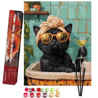 Bougimal Malen Nach Zahlen Erwachsene Tiere Ohen Rahmen inklusive Pinsel und Acrylfarben - 40 x 50 cm, Badende Katze
