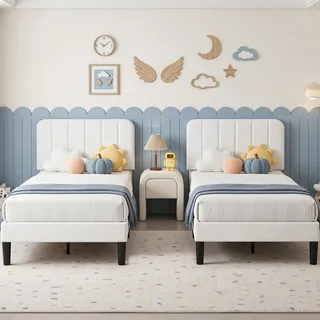 VECELO 2er-Set Polsterbett 90x200 cm – Samtbezug, Einzelbett Bettgestell mit Lattenrost aus Massivholz, Einfache Montage, Ideal für Jugendzimmer, Weiß
