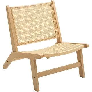 Fortuna Lai Sessel Relaxsessel ohne Armlehne, Stuhl mit Rattan-Rückenlehne, Holzrahmen, Lesesessel für Wohnzimmer Schlafzimmer Naturholz