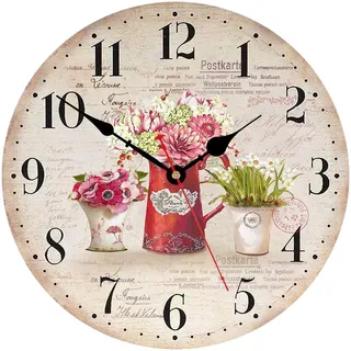 TAHEAT Blume Wanduhr, 20 cm Klein Shabby Chic Uhren, Holz Batteriebetrieben Geräuschlos Leise Wanduhren für Küche Wohnzimmer Schlafzimmer Badezimmer