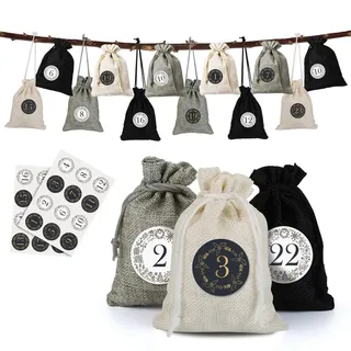 Naler 24 x Jutesäckchen Adventskalender Stoffbeutel mit Zahlenaufkleber Jute Beutel Natur Säckchen Geschenksäckchen für Weihnachten - Schwarz/Creme/Hellgrau