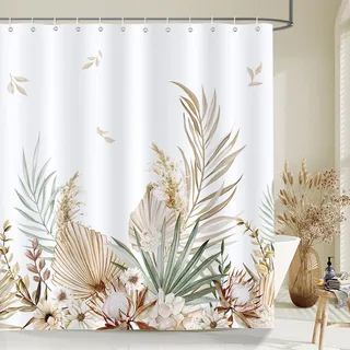 Bonhause Boho Tropische Blätter Blume Gelbes Duschvorhänge 180 x 180 cm Anti-Schimmel Wasserdicht Polyester Stoff Waschbar Bad Vorhäng für Badzimmer mit 12 Haken