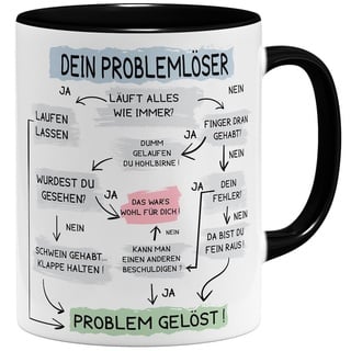 OM3® lustige Tasse mit Spruch - Problemlösung auf der Arbeit - Problemlöser | Keramik Becher | 11oz 325ml | Beidseitig Bedruckt | Schwarz