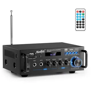 Moukey 2.0 Kanal Stereo Bluetooth Karaoke Verstärker, 100W Stereo Audio Verstärker Empfänger, Verstärker HiFi mit RCA, USB, SD, 2 Mic Eingänge, FM Radio für Auto oder Zuhause, MAMP3
