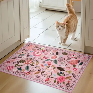 Puremy Schmutzfangmatte Innen, Waschbarer Fussmatte, Blumenmuster, Vintage Teppiche, Niedriger Flor, rutschfest, Weiche, Eingangstürmatte für Flur Eingangsbereich Küche, 66x100cm, Rosa