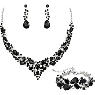 EVER FAITH Statement Halskette Ohrringe und Armband Set für Damen österreichische Kristall Tropfen Cluster Schmuckset Schwarz Silber-Tone