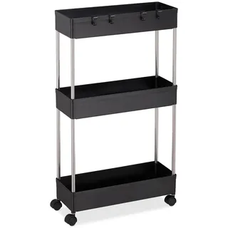 Relaxdays Nischenwagen Kunststoff, HBT 70 x 15,5 x 40,5 cm, schmales Nischenregal Bad, Küche, 4 Haken, 3 Fächer, schwarz