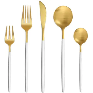Bestdin Besteck Set 6 Personen, 30 teilig Besteck Weiß Gold Matt, Essbesteck Set mit Messer Gabel Löffel, Hochwertiges Edelstahl Besteckset, Spülmaschinenfest