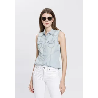 Jeansbluse ARIZONA, Damen, Gr. 38, blau (bleached), Jeans, Obermaterial: 100% Baumwolle, unifarben, Basic, sehr figurbetont, Rundhals, abgesteppte Kante, Blusen Jeansbluse, mit Knöpfen in Perlmuttoptik