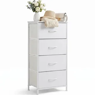 DUMOS Kommode mit Schubladen - Kommoden & Sideboards für Schlafzimmer Geeignet, Komodenschrank mit 4 Schubladen, Stoffkommode mit Stahlrahmen, Schrank Klein, Ideal für Flur, Wohnzimmer (Weiß)