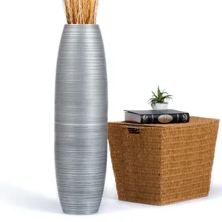 Leewadee Große Deko Bodenvase Für Dekozweige, Hohe Standvase Für Pampasgras, Design Holzvase, 85 cm, Silber