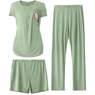 SUNNYBUY Damen Umstandsmode Stillpyjama-Set, 3-teiliges Schlafanzug Set | Kurzarm-Stillshirts, Schwangerschafts-Shorts & Hosen für jede Jahreszeit, Lounge Set Für Tag & Nacht