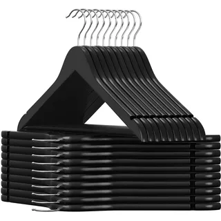 SONGMICS Kleiderbügel aus Holz, 20 Stück, mit rutschfesten Kerben, rutschfeste Stange für Hosen, 360° drehbarer Haken, für Anzüge, Hemden, Mäntel, Schwarz und Silber CRW02B-20