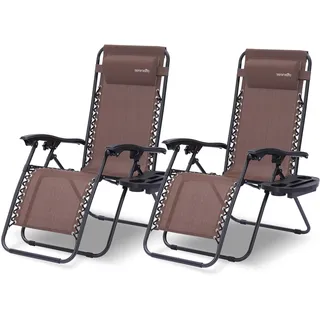 SereneLife Sonnenliege 2er Set Braun – Klappbare Relaxliegen mit Zero Gravity, wetterfest & faltbar, ideal für Garten, Balkon & Camping
