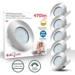 B.K.Licht LED Einbauleuchte »5er Set Bad Einbaustrahler, IP44 geschützt, LED Einbauspots, flach« LED-Board 5 Stk. Warmweiß 3.000K, 470Lm, 5,5W, Kunststoff, 7,5 x 3 cm, Nickel, grau