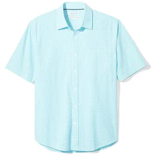 Amazon Essentials Herren Kurzärmeliges Hemd aus Popeline, Normale Passform, Aquablau Vichy-Muster, L