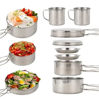 Lixada Camping Kochgeschirr Kit, 8-teiliges Camping Topf Pfanne Set, Edelstahl Geschirr Kochtopf Set mit Tellern, Tassen für Picknick, Outdoor-Camping, Wandern, Rucksackreisen